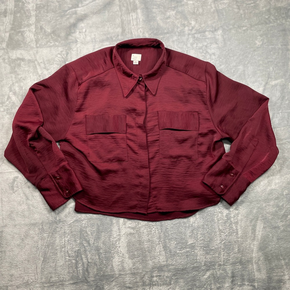 A New Day Burgundy Satin Long Sleeve Button Up Pocket Shirt Womens Size L